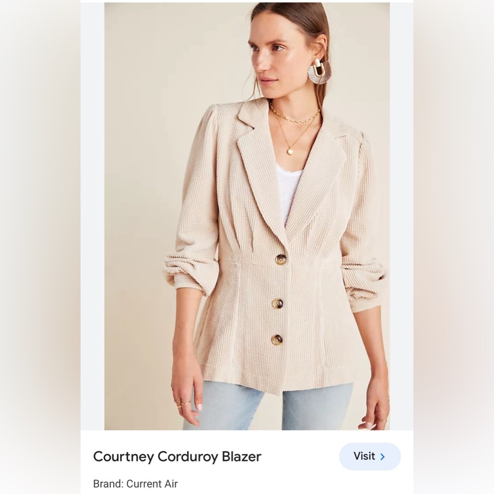 Current Air Anthropologie Courtney Corduroy Blazer Puff Sleeves Tan - Medium